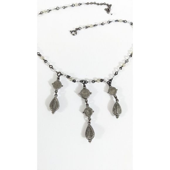 Ben Amun Crystal Dangle Necklace Silver Toned White Colorless Beads Rhinestones - Picture 8 of 12